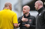 23 May 2025; Bohemians assistant manager Stephen O'Donnell, centre, and Drogheda United coach Aaron Shanahan, right, remonstate with fourth official Robert Dowling, left, at half-time during the SSE Airtricity Men's Premier Division match between Drogheda United and Bohemians at Sullivan & Lambe Park in Drogheda, Louth. Photo by Shauna Clinton/Sportsfile