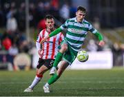 23 May 2025; Matt Healy of Shamrock Rovers in action against Danny Mullen of Derry City during the SSE Airtricity Men's Premier Division match between Derry City and Shamrock Rovers at The Ryan McBride Brandywell Stadium in Derry. Photo by Stephen McCarthy/Sportsfile
