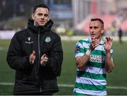 23 May 2025; Shamrock Rovers goalkeeper Leon Pohls, left, and Aaron McEneff after the SSE Airtricity Men's Premier Division match between Derry City and Shamrock Rovers at The Ryan McBride Brandywell Stadium in Derry. Photo by Stephen McCarthy/Sportsfile