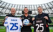 27 May 2025; Former Leeds United players Tony Dorigo, left, Gary Kelly, centre, with former Ac Milan player Daniele Massaro during the event to promote the upcoming friendly match between Leeds and AC Milan at the Aviva Stadium. Photo by Shauna Clinton/Sportsfile