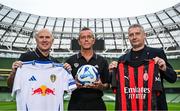 27 May 2025; Former Leeds United players Tony Dorigo, left, Gary Kelly, centre, with former Ac Milan player Daniele Massaro during the event to promote the upcoming friendly match between Leeds and AC Milan at the Aviva Stadium. Photo by Shauna Clinton/Sportsfile