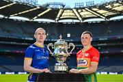 6 May 2025; Paddy Fox of Longford, left, and Mikey Bambrick of Carlow, pictured with the Tailteann Cup at the launch of the Tailteann Cup at Croke Park in Dublin. Photo by Sam Barnes/Sportsfile