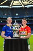6 May 2025; Paddy Fox of Longford, left, and Mikey Bambrick of Carlow, pictured with the Tailteann Cup at the launch of the Tailteann Cup at Croke Park in Dublin. Photo by Sam Barnes/Sportsfile