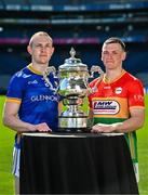 6 May 2025; Paddy Fox of Longford, left, and Mikey Bambrick of Carlow, pictured with the Tailteann Cup at the launch of the Tailteann Cup at Croke Park in Dublin. Photo by Sam Barnes/Sportsfile