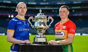 6 May 2025; Paddy Fox of Longford, left, and Mikey Bambrick of Carlow, pictured with the Tailteann Cup at the launch of the Tailteann Cup at Croke Park in Dublin. Photo by Sam Barnes/Sportsfile
