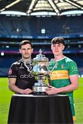 6 May 2025; Niall Murphy of Sligo, left, and Mark Diffley of Leitrim pictured with the Tailteann Cup at the launch of the Tailteann Cup at Croke Park in Dublin. Photo by Sam Barnes/Sportsfile