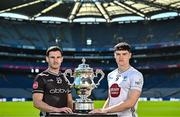 6 May 2025; Niall Murphy of Sligo, left, and Callum Bolton of Kildare pictured with the Tailteann Cup at the launch of the Tailteann Cup at Croke Park in Dublin. Photo by Sam Barnes/Sportsfile