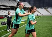 27 May 2025; Abbie Larkin and Caitlin Hayes, left, during a Republic of Ireland women's training session at the Ataturk Olympic Stadium in Istanbul, Türkiye. Photo by Stephen McCarthy/Sportsfile