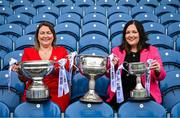 27 May 2025; In attendance at the launch of the 2025 TG4 All-Ireland Ladies Football Championships in Dublin, are Trina Murray, LGFA President, and Deirdre Ní Choistín, Director General TG4, with the West County Hotel Cup, the Brendan Martin Cup and the Mary Quinn Memorial Cup. The 2025 TG4 All-Ireland Championships commence on Sunday June 1 with fixtures in the Intermediate and Junior grades. The 2025 TG4 All-Ireland Senior, Intermediate and Junior Finals will be played at Croke Park on Sunday August 3. #ProperFan. Photo by David Fitzgerald/Sportsfile