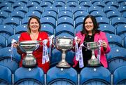 27 May 2025; In attendance at the launch of the 2025 TG4 All-Ireland Ladies Football Championships in Dublin, are Trina Murray, LGFA President, and Deirdre Ní Choistín, Director General TG4, with the West County Hotel Cup, the Brendan Martin Cup and the Mary Quinn Memorial Cup. The 2025 TG4 All-Ireland Championships commence on Sunday June 1 with fixtures in the Intermediate and Junior grades. The 2025 TG4 All-Ireland Senior, Intermediate and Junior Finals will be played at Croke Park on Sunday August 3. #ProperFan. Photo by David Fitzgerald/Sportsfile