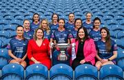 27 May 2025; In attendance at the launch of the 2025 TG4 All-Ireland Ladies Football Championships in Dublin, are Trina Murray, LGFA President, and Deirdre Ní Choistín, Director General TG4, centre, with intermediate players, Shauna Lynch of Cavan, Caoimhe Harvey of Clare, Clara Mulvenna of Down, Shannan McQuade of Fermanagh, Andrea Moran of Laois, Amy Garland of Monaghan, Michele Mann of Offaly, Niamh Watson of Roscommon, Meabh Corrigan of Tyrone, Fiona Coyle of Westmeath, Róisín Murphy of Wexford and Sarah Jane Winders of Wicklow. The 2025 TG4 All-Ireland Championships commence on Sunday June 1 with fixtures in the Intermediate and Junior grades. The 2025 TG4 All-Ireland Senior, Intermediate and Junior Finals will be played at Croke Park on Sunday August 3. #ProperFan. Photo by David Fitzgerald/Sportsfile