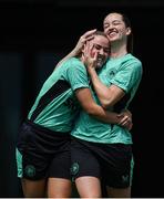 27 May 2025; Jessie Stapleton, left, and Anna Patten during a Republic of Ireland women's training session at the Ataturk Olympic Stadium in Istanbul, Türkiye. Photo by Stephen McCarthy/Sportsfile