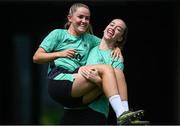 27 May 2025; Jessie Stapleton, left, and Anna Patten during a Republic of Ireland women's training session at the Ataturk Olympic Stadium in Istanbul, Türkiye. Photo by Stephen McCarthy/Sportsfile