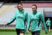 27 May 2025; Erin Healy, left, and Abbie Larkin during a Republic of Ireland women's training session at the Ataturk Olympic Stadium in Istanbul, Türkiye. Photo by Stephen McCarthy/Sportsfile