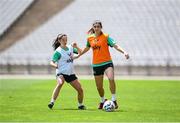 27 May 2025; Erin Healy and Marissa Sheva, left, during a Republic of Ireland women's training session at the Ataturk Olympic Stadium in Istanbul, Türkiye. Photo by Stephen McCarthy/Sportsfile
