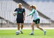27 May 2025; Amber Barrett and head coach Carla Ward during a Republic of Ireland women's training session at the Ataturk Olympic Stadium in Istanbul, Türkiye. Photo by Stephen McCarthy/Sportsfile