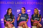 27 May 2025; In attendance at the launch of the 2025 TG4 All-Ireland Ladies Football Championships in Dublin, MC Máire Ní Bhraonáin with players, from left, Kate Geraghty of Galway, Sinéad Regan of Sligo and Shannan McQuade of Fermanagh. The 2025 TG4 All-Ireland Championships commence on Sunday June 1 with fixtures in the Intermediate and Junior grades. The 2025 TG4 All-Ireland Senior, Intermediate and Junior Finals will be played at Croke Park on Sunday August 3. #ProperFan. Photo by David Fitzgerald/Sportsfile