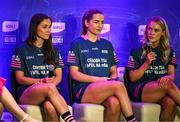27 May 2025; In attendance at the launch of the 2025 TG4 All-Ireland Ladies Football Championships in Dublin, MC Máire Ní Bhraonáin with players, from left, Kate Geraghty of Galway, Sinéad Regan of Sligo and Shannan McQuade of Fermanagh. The 2025 TG4 All-Ireland Championships commence on Sunday June 1 with fixtures in the Intermediate and Junior grades. The 2025 TG4 All-Ireland Senior, Intermediate and Junior Finals will be played at Croke Park on Sunday August 3. #ProperFan. Photo by David Fitzgerald/Sportsfile