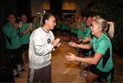 27 May 2025; Republic of Ireland and Arsenal's Katie McCabe with team-mate Denise O’Sullivan, right, on her arrival at their team hotel in Istanbul, following Arsenal's UEFA Women's Champions League Final victory, ahead of her side's UEFA Women's Nations League League B match against Türkiye on Friday. Photo by Stephen McCarthy/Sportsfile