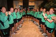 27 May 2025; Republic of Ireland team-mates cheer on team-mate Katie McCabe, not pictured, on her arrival at their team hotel in Istanbul, following Arsenal's UEFA Women's Champions League Final victory, ahead of her side's UEFA Women's Nations League League B match against Türkiye on Friday. Photo by Stephen McCarthy/Sportsfile