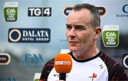 28 May 2025; Louth manager Fergal Reel is interviewed before the Dalata Hotel Group GAA Football All-Ireland U20 Championship final match between Louth and Tyrone at BOX-IT Athletic Grounds in Armagh. Photo by Seb Daly/Sportsfile
