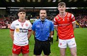 28 May 2025; Referee Noel Mooney with Tyrone captain Joey Clarke, left, and Louth captain Sean Callaghan before the Dalata Hotel Group GAA Football All-Ireland U20 Championship final match between Louth and Tyrone at BOX-IT Athletic Grounds in Armagh. Photo by Seb Daly/Sportsfile