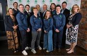 29 May 2025; Athletes and guests gather at a special team dinner hosted by the Olympic Federation of Ireland during the Winter Olympic Team Camp in Dublin. The evening was attended by Winter Olympic athletes, including, Sean McAnuff, Liam O’Brien, Cormac Comerford, Elle Murphy, Elsa Desmond and Thomas Maloney Westgaard, with guests, form left, Chef de Mission Nancy Chillingworth, The Italian Irish Chamber of Commerce General Secretary Fabio Pietrobon, Italy Ambassador to Ireland Nicola Faganello, OFI President Lochlann Walsh, OFI CEO Peter Sherrard and Dr Una May at The Old Spot in Dublin, celebrating the journey to Milano Cortina 2026. Photo by Shauna Clinton/Sportsfile