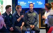 29 May 2025; Athletes and guests gather at a special team dinner hosted by the Olympic Federation of Ireland during the Winter Olympic Team Camp in Dublin. Olympic Federation of Ireland Head of Communications interviews Winter Olympic Athletes, from left, Liam O'Brien, Elsa Desmond and Thomas Maloney Westgaard during the event at The Old Spot in Dublin, celebrating the journey to Milano Cortina 2026. Photo by Shauna Clinton/Sportsfile