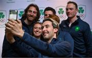 29 May 2025; Athletes and guests gather at a special team dinner hosted by the Olympic Federation of Ireland during the Winter Olympic Team Camp in Dublin. Winter Olympic athletes, back row, from left, Sean McAnuff, Liam O’Brien, Cormac Comerford, with front row, from left, Elle Murphy, Elsa Desmond and Thomas Maloney Westgaard at The Old Spot,  Dublin, celebrating the journey to Milano Cortina 2026. Photo by Shauna Clinton/Sportsfile