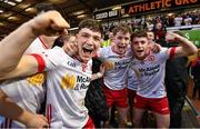 28 May 2025; Tyrone players, from left, Joey Clarke, Ben Hughes and Eoin McElholm celebrate after the All Ireland Dalata Hotel Group GAA Football All-Ireland U20 Championship final match between Louth and Tyrone at BOX-IT Athletic Grounds in Armagh. Photo by Oliver McVeigh/Sportsfile