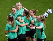 29 May 2025; Republic of Ireland players, including, Kyra Carusa, Katie McCabe, Louise Quinn, Chloe Mustaki, Aoife Mannion and Amber Barrett celebrate during a Republic of Ireland women's training session at Esenler Erok Stadium in Istanbul, Türkiye. Photo by Stephen McCarthy/Sportsfile
