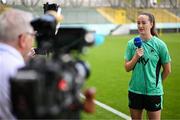 29 May 2025; Anna Patten speaks to RTÉ Sport during a Republic of Ireland women's media conference at Esenler Erok Stadium in Istanbul, Türkiye. Photo by Stephen McCarthy/Sportsfile