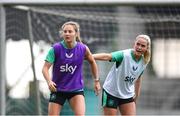 29 May 2025; Kyra Carusa and Jessie Stapleton, right, during a Republic of Ireland women's training session at Esenler Erok Stadium in Istanbul, Türkiye. Photo by Stephen McCarthy/Sportsfile