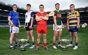 29 May 2025; Players, from left, Lory Meagher Cup finalists Cavan's Enda Shalvey and New York's Tom O'Meara, Christy Ring Cup finalist Derry's Cormac O'Doherty, and Nickey Rackard Cup finalists Mayo's David Kenny and Roscommon's Conor Mulry, during a Christy Ring, Nicky Rackard & Lory Meagher media event at Croke Park in Dublin. Photo by Seb Daly/Sportsfile