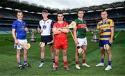 29 May 2025; Players, from left, Lory Meagher Cup finalists Cavan's Enda Shalvey and New York's Tom O'Meara, Christy Ring Cup finalist Derry's Cormac O'Doherty, and Nickey Rackard Cup finalists Mayo's David Kenny and Roscommon's Conor Mulry, during a Christy Ring, Nicky Rackard & Lory Meagher media event at Croke Park in Dublin. Photo by Seb Daly/Sportsfile