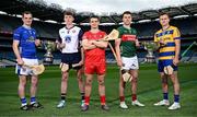 29 May 2025; Players, from left, Lory Meagher Cup finalists Cavan's Enda Shalvey and New York's Tom O'Meara, Christy Ring Cup finalist Derry's Cormac O'Doherty, and Nickey Rackard Cup finalists Mayo's David Kenny and Roscommon's Conor Mulry, during a Christy Ring, Nicky Rackard & Lory Meagher media event at Croke Park in Dublin. Photo by Seb Daly/Sportsfile