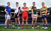 29 May 2025; Players, from left, Lory Meagher Cup finalists Cavan's Enda Shalvey and New York's Tom O'Meara, Christy Ring Cup finalist Derry's Cormac O'Doherty, and Nickey Rackard Cup finalists Mayo's David Kenny and Roscommon's Conor Mulry, during a Christy Ring, Nicky Rackard & Lory Meagher media event at Croke Park in Dublin. Photo by Seb Daly/Sportsfile