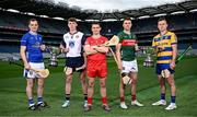 29 May 2025; Players, from left, Lory Meagher Cup finalists Cavan's Enda Shalvey and New York's Tom O'Meara, Christy Ring Cup finalist Derry's Cormac O'Doherty, and Nickey Rackard Cup finalists Mayo's David Kenny and Roscommon's Conor Mulry, during a Christy Ring, Nicky Rackard & Lory Meagher media event at Croke Park in Dublin. Photo by Seb Daly/Sportsfile