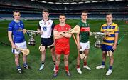 29 May 2025; Players, from left, Lory Meagher Cup finalists Cavan's Enda Shalvey and New York's Tom O'Meara, Christy Ring Cup finalist Derry's Cormac O'Doherty, and Nickey Rackard Cup finalists Mayo's David Kenny and Roscommon's Conor Mulry, during a Christy Ring, Nicky Rackard & Lory Meagher media event at Croke Park in Dublin. Photo by Seb Daly/Sportsfile
