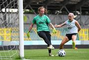 29 May 2025; Goalkeeper Courtney Brosnan and Denise O’Sullivan, right, during a Republic of Ireland women's training session at Esenler Erok Stadium in Istanbul, Türkiye. Photo by Stephen McCarthy/Sportsfile