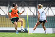 29 May 2025; Megan Campbell, left, during a Republic of Ireland women's training session at Esenler Erok Stadium in Istanbul, Türkiye. Photo by Stephen McCarthy/Sportsfile