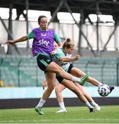 29 May 2025; Ruesha Littlejohn and Anna Patten, left, during a Republic of Ireland women's training session at Esenler Erok Stadium in Istanbul, Türkiye. Photo by Stephen McCarthy/Sportsfile