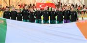 30 May 2025; The Republic of Ireland team stand for their national anthem, Amhrán na bhFiann, before the UEFA Women's Nations League, League B match between Türkiye and Republic of Ireland at Esenler Stadium in Istanbul, Türkiye. Photo by Stephen McCarthy/Sportsfile