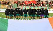 30 May 2025; The Republic of Ireland team stand for their national anthem, Amhrán na bhFiann, before the UEFA Women's Nations League, League B match between Türkiye and Republic of Ireland at Esenler Stadium in Istanbul, Türkiye. Photo by Stephen McCarthy/Sportsfile