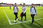 30 May 2025; Derry City players, from left, Patrick Hoban, Michael Duffy and Robbie Benson arrive before the SSE Airtricity Men's Premier Division match between Bohemians and Derry City at Dalymount Park in Dublin. Photo by Seb Daly/Sportsfile