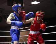 30 May 2025; Liam Weatherall of St Josephs BC, left, in action against Dinny O’Neill of St Francis BC during their 36kg bout at the 2025 National Senior Cadet Championship Finals at the National Boxing Stadium in Dublin. Photo by David Fitzgerald/Sportsfile
