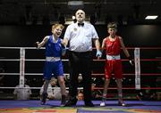 30 May 2025; Liam Weatherall of St Josephs BC celebrates after winning his bout against Dinny O’Neill of St Francis BC during the 2025 National Senior Cadet Championship Finals at the National Boxing Stadium in Dublin. Photo by David Fitzgerald/Sportsfile