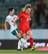30 May 2025; Melike Pekel of Türkiye is tackled by Marissa Sheva of Republic of Ireland during the UEFA Women's Nations League, League B match between Türkiye and Republic of Ireland at Esenler Stadium in Istanbul, Türkiye. Photo by Stephen McCarthy/Sportsfile