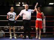 30 May 2025; Danielle Smithers of Swords BC celebrates after winning her bout against Kayla Harris of St Monica's BC during the 2025 National Senior Cadet Championship Finals at the National Boxing Stadium in Dublin. Photo by David Fitzgerald/Sportsfile