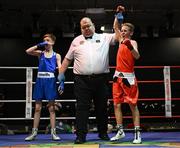 30 May 2025; Ryan Seery of Glasnevin BC celebrates after winning his bout against Darragh Cunningham of Dealgan BC during the 2025 National Senior Cadet Championship Finals at the National Boxing Stadium in Dublin. Photo by David Fitzgerald/Sportsfile